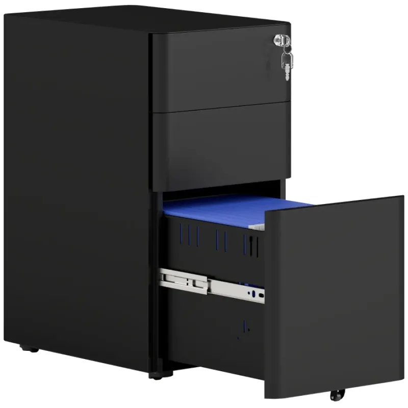 3-Drawer Steel Under-Desk Mobile Filing Cabinet with Lock - Black