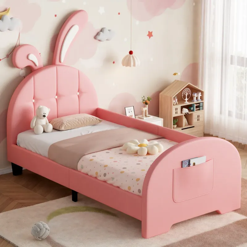 Rabbit-Shaped Single Upholstered Bed Frame with Storage Pocket, Pink