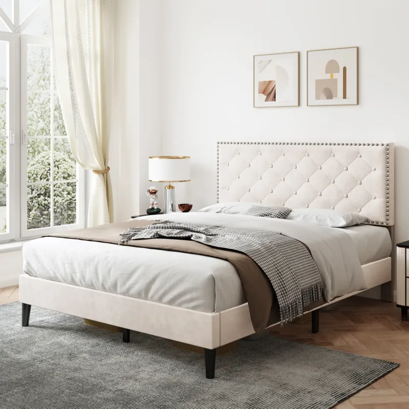 4ft 6" Double Upholstered Velvet Bed Frame with Adjustable Button-Tufted Headboard - Beige
