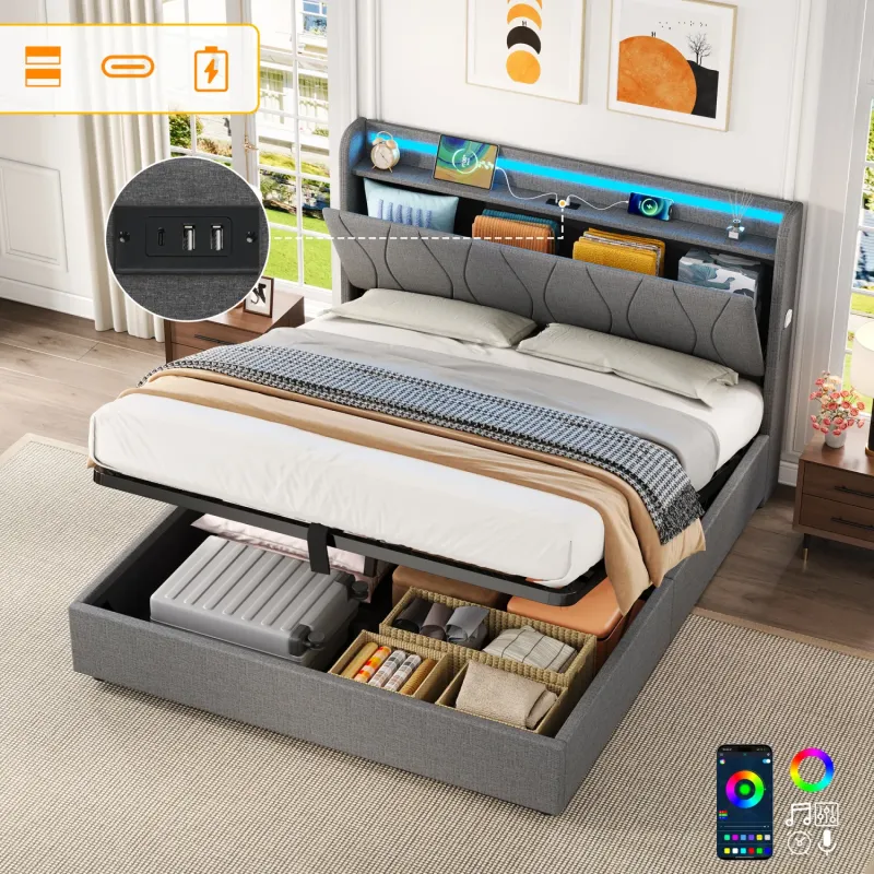 Grey Linen Double Ottoman Storage Bed with LED Headboard and USB Charging Station