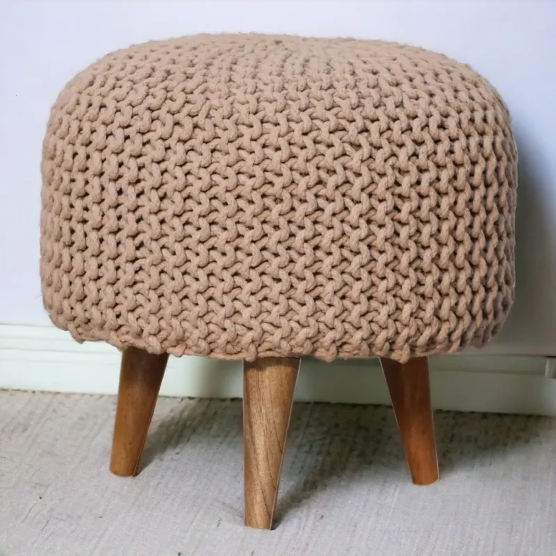 Keeva Solid Wood Round Footstool - Beige