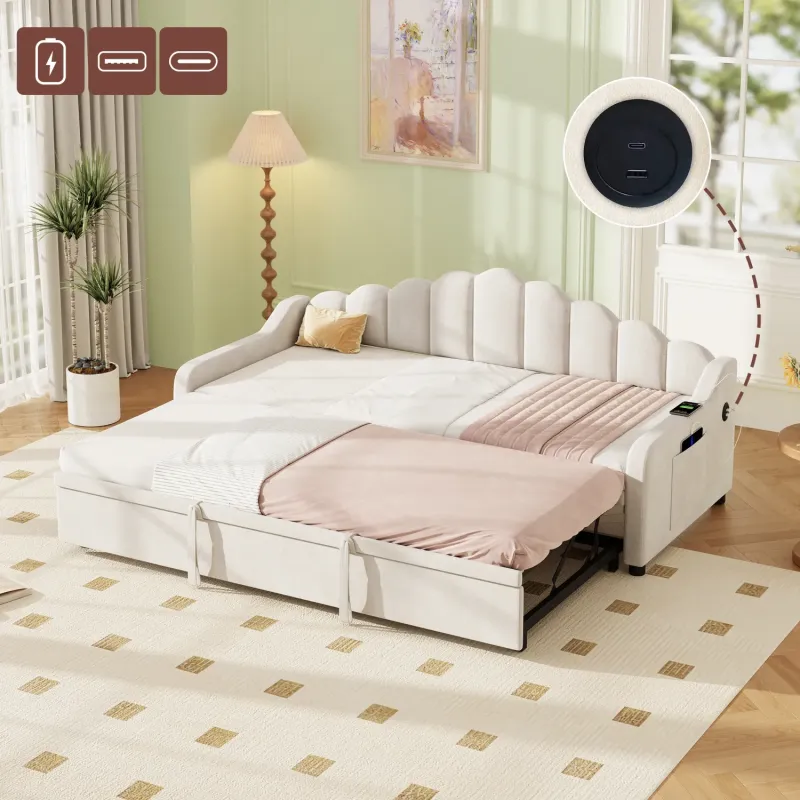Velvet Daybed, Single, in Beige, with Pull-out Trundle and Charging Station