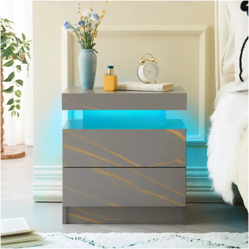 Grey and Gold LED Bedside Table with 2 Drawers