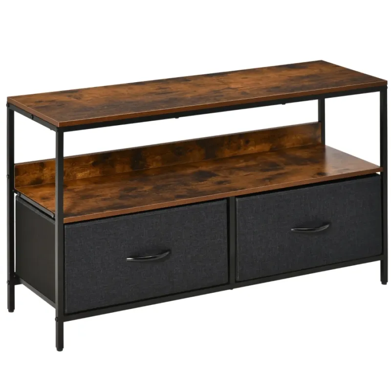 Steel TV Unit, 98cm, in Rustic Brown, with 2 Foldable Drawers