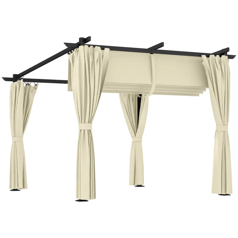  3m x 3m Retractable Pergola Gazebo with Curtains - Beige