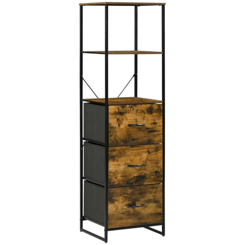 Industrial Shelf Unit with 3 Drawers and 2 Shelves - Rustic Brown