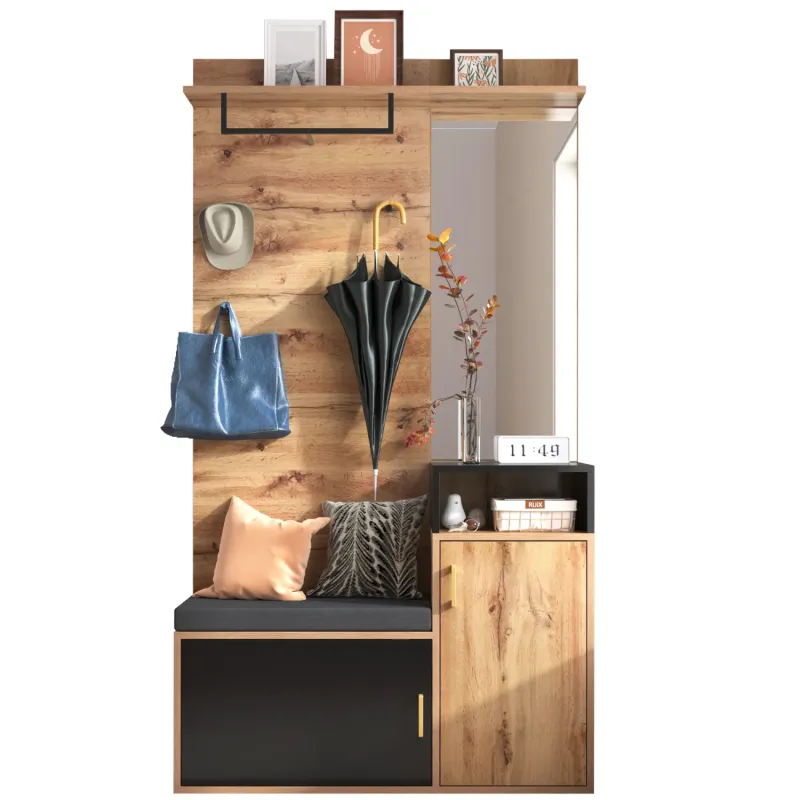 Hallway Wardrobe Set with Mirror, Shoe Bench & Coat Hooks - Black & Wood
