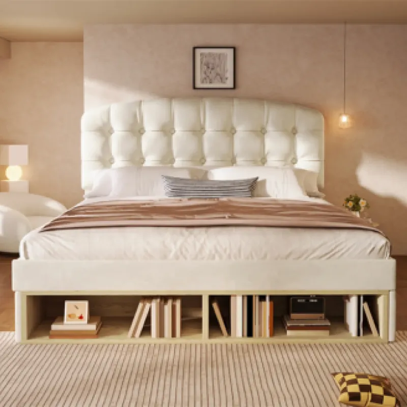 Beige Velvet King Storage Bed with Drawers and Adjustable Headboard