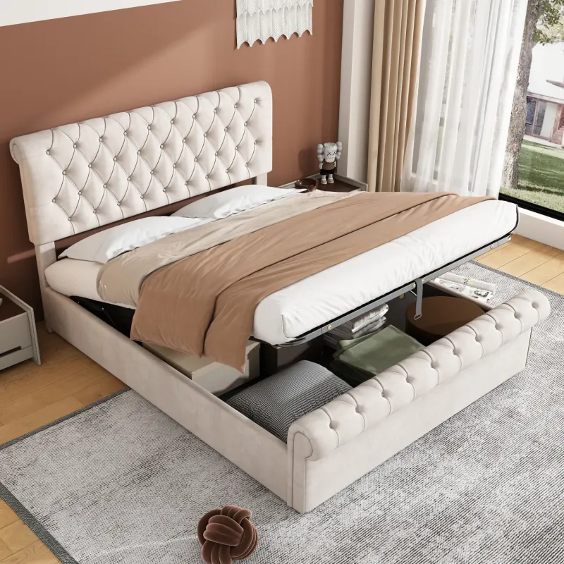 Upholstered Velvet Sleigh Ottoman Bed, Beige - Double (4ft6)