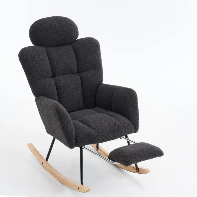Teddy Fabric Rocking Chair with Foldable Footrest and Headrest - Dark Grey