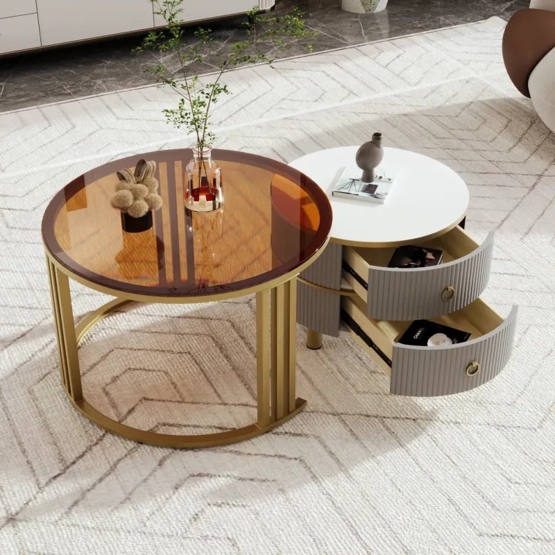 Round Nesting Coffee Table Set with 2 Drawers - Brown Glass & High-Gloss Grey