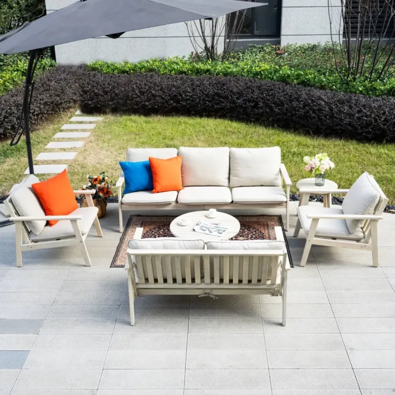 7-Seater Wooden Garden Sofa Set with Round Coffee Table and Side Table