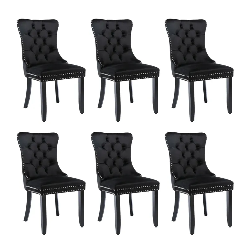 Set of 6 Black Velvet Dining Chairs with Button Tufting and Knocker Ring