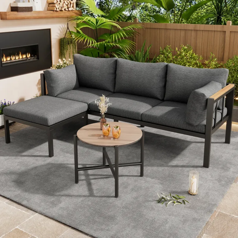Grey Galvanised Steel Garden Corner Sofa Set with Wood-Grain Glass Coffee Table