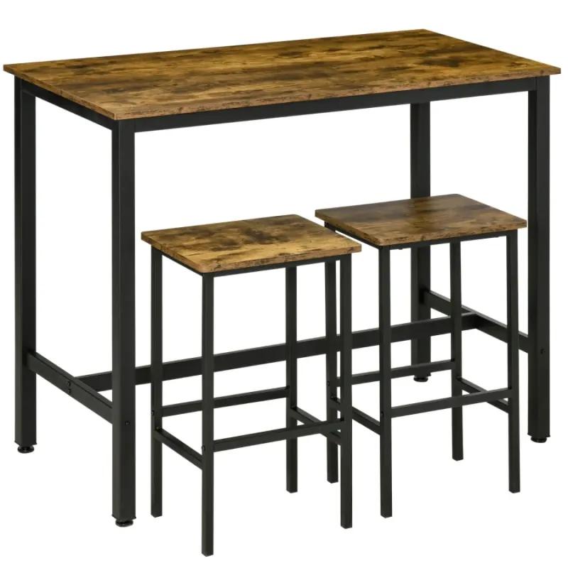 3 Piece Industrial Bar Table and Stools Set, Rustic Brown