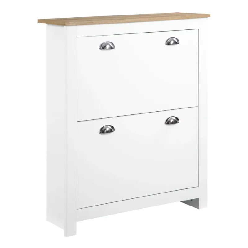 2 Drawer Narrow Shoe Cabinet with Wood Effect Top - White