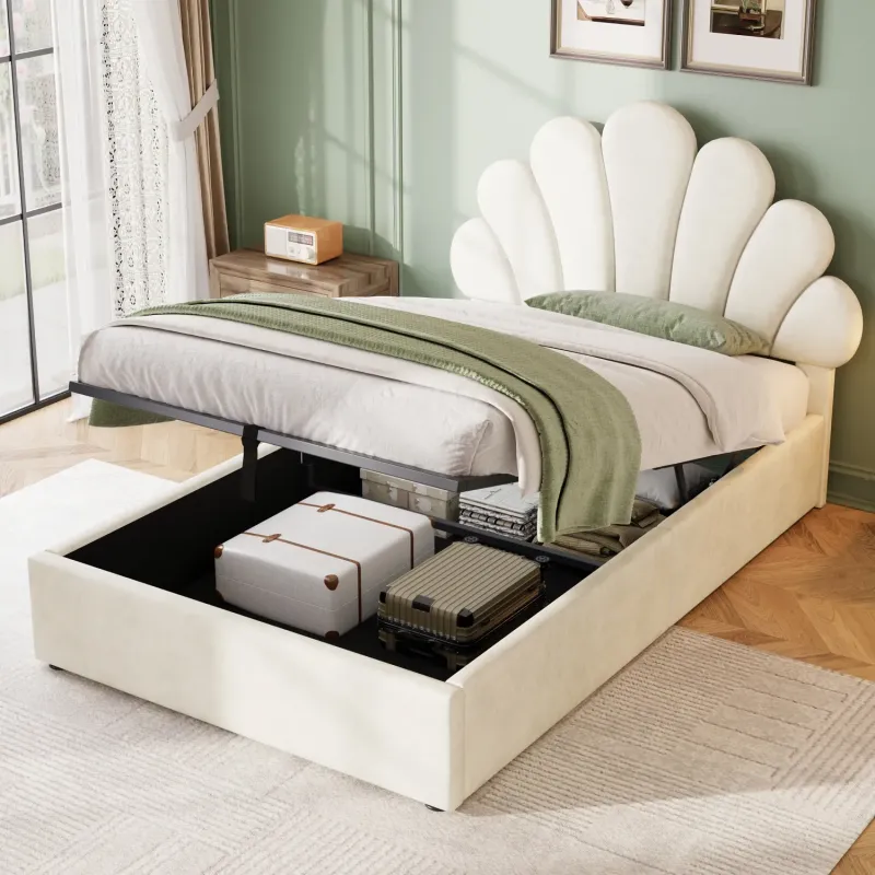 Petal Velvet Single Ottoman Bed with Hydraulic Storage, Beige