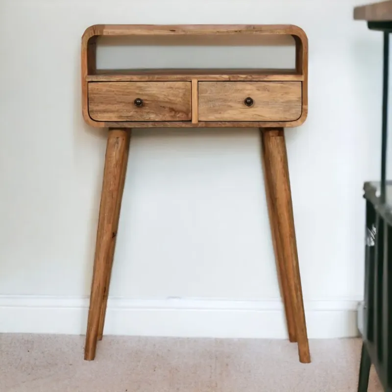 Mini Curved Solid Mango Wood Console Table with 2 Drawers & Open Slot - Oak-ish Brown