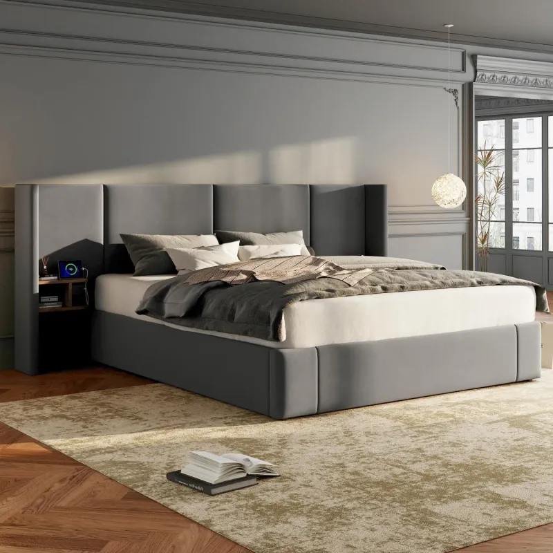 Super King Velvet Ottoman Storage Bed with Integrated Bedside Tables and Charging Ports - Grey