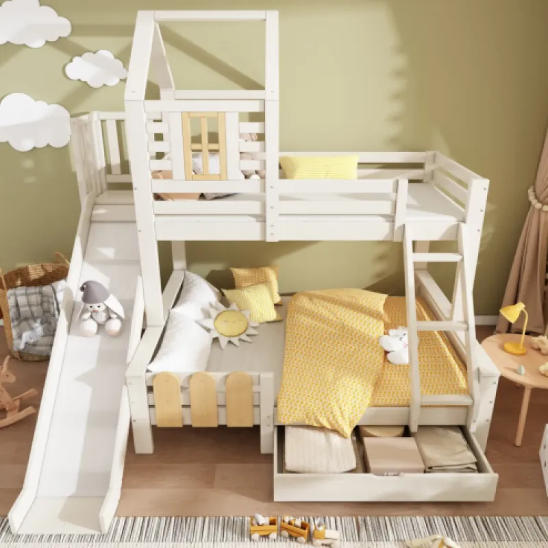 Treehouse Cabin Bunk Bed with Slide and Storage - White & Natural Solid Wood - Single over Double