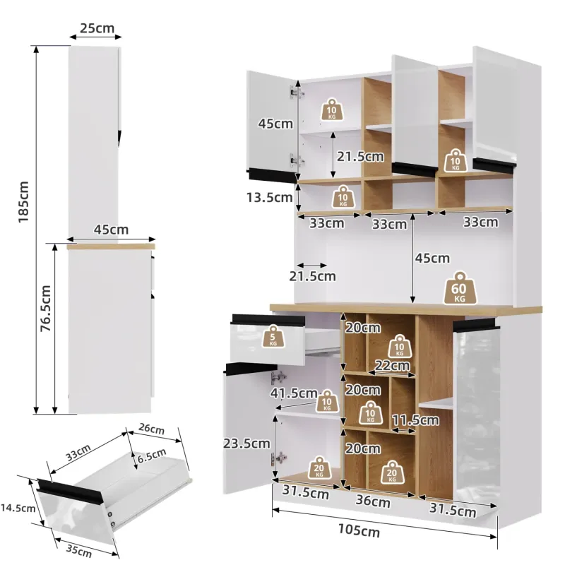 105cm Kitchen Larder Cupboard with High Gloss Doors and Open Storage