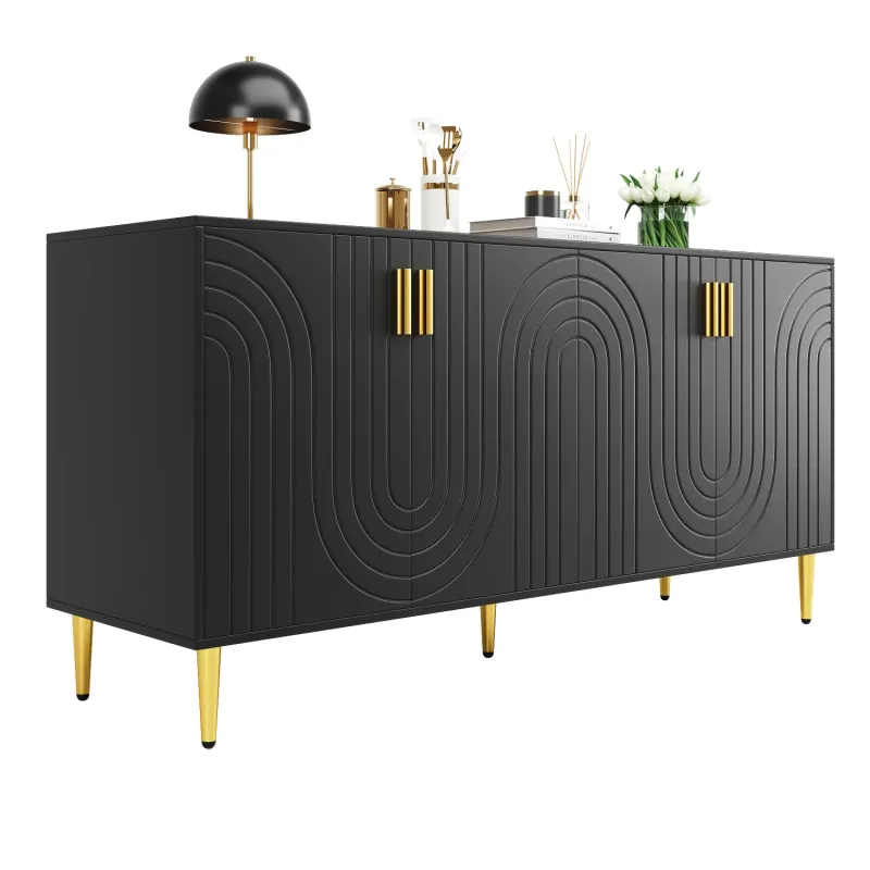 152cm Black Sideboard with Gold Wave Pattern, 4 Doors and 2 Drawers
