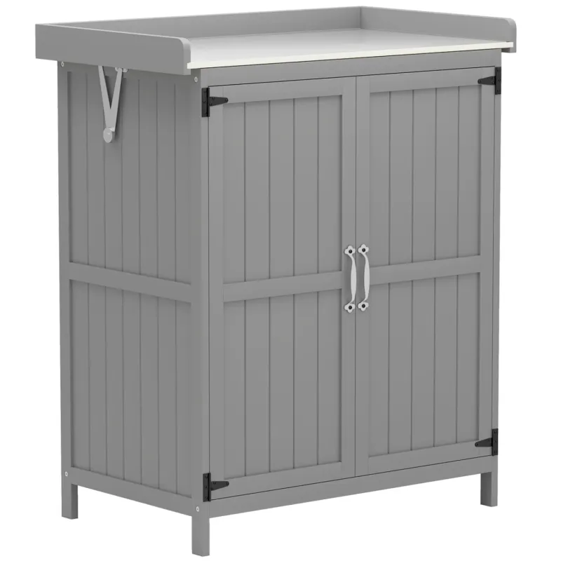Fir Wood Garden Storage Cabinet with Stainless Steel Worktop - Grey
