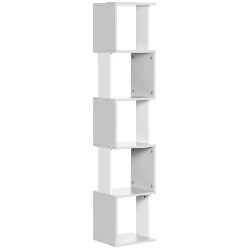 Modern 5-Tier Slim Bookshelf with Reverse 'S' Design - White and Light Grey