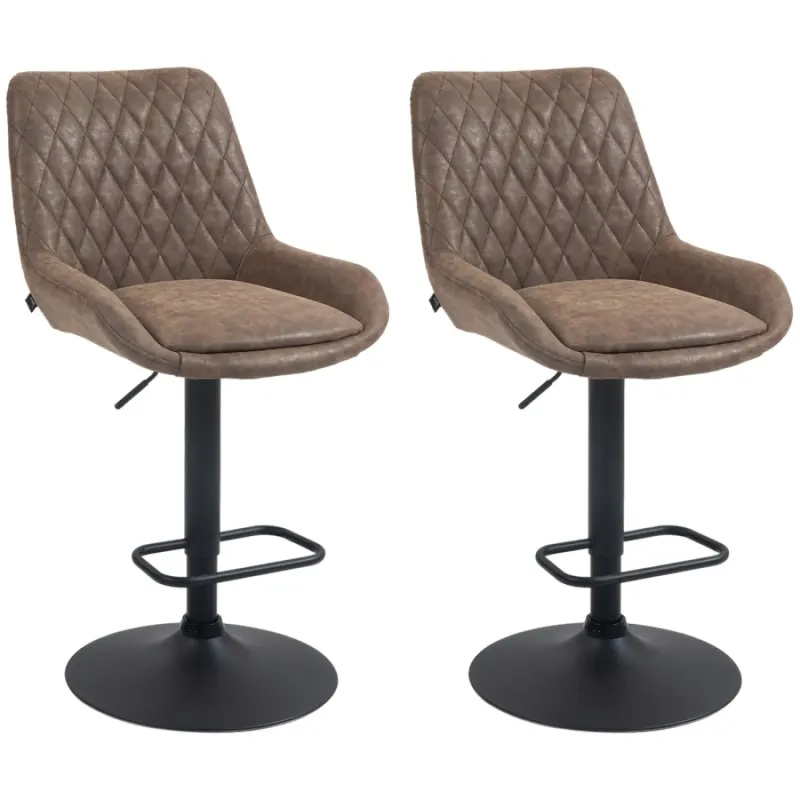 Set of 2 Brown Faux Leather Retro Bar Stools with Adjustable Height