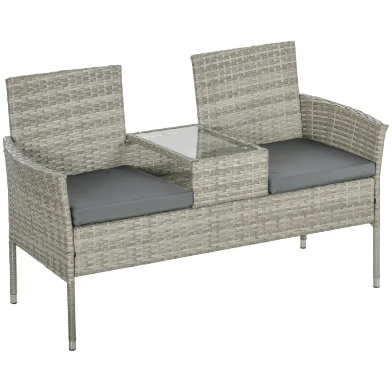 Light Grey Rattan Garden Loveseat - 2-Seater Bench with Integrated Coffee Table