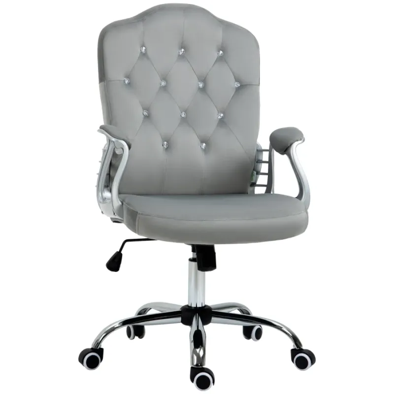 Grey Velvet Swivel Office Chair with Diamante Tufted Back