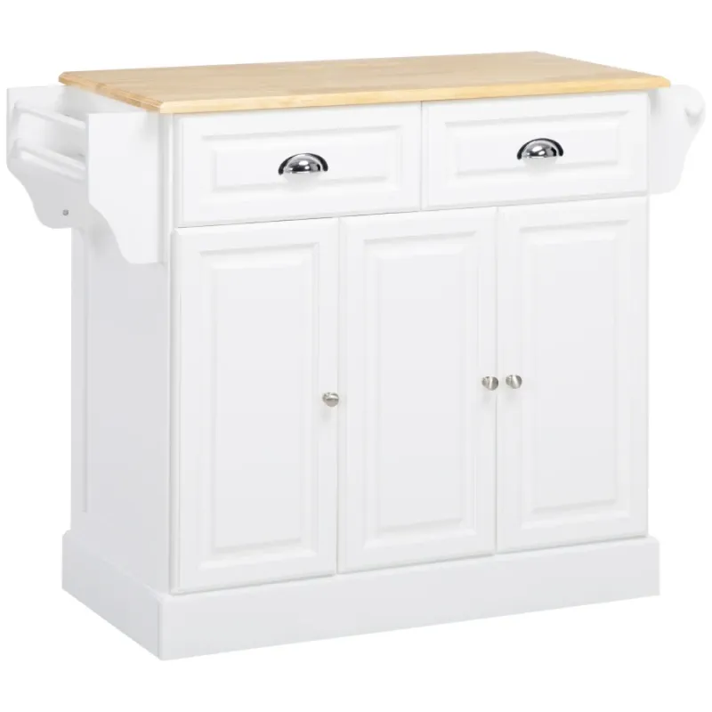  Rolling Kitchen Island with Rubber Wood Top and Storage - White
