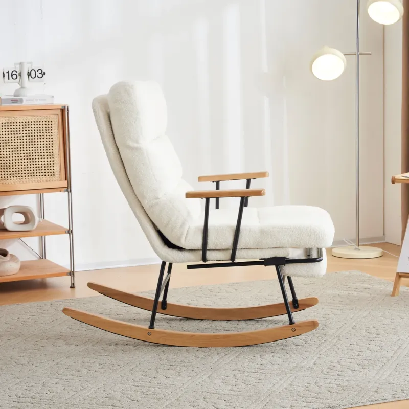 White Boucle Fabric Reclining Rocking Chair with Adjustable Footrest and Solid Wood Base
