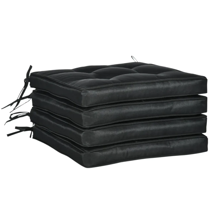 Set of 4 Black Garden Chair Seat Pads - 42 x 42cm Outdoor Dining Cushions with Ties