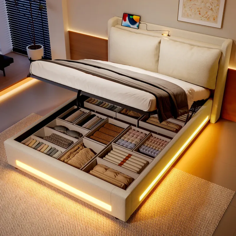 Super King Upholstered Storage Bed with LED Lighting, USB-C and Headboard Shelf in Hemp Fabric