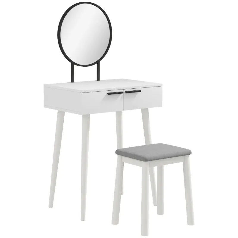 White Dressing Table Set with Large Mirror, 2 Drawers and Cushioned Stool