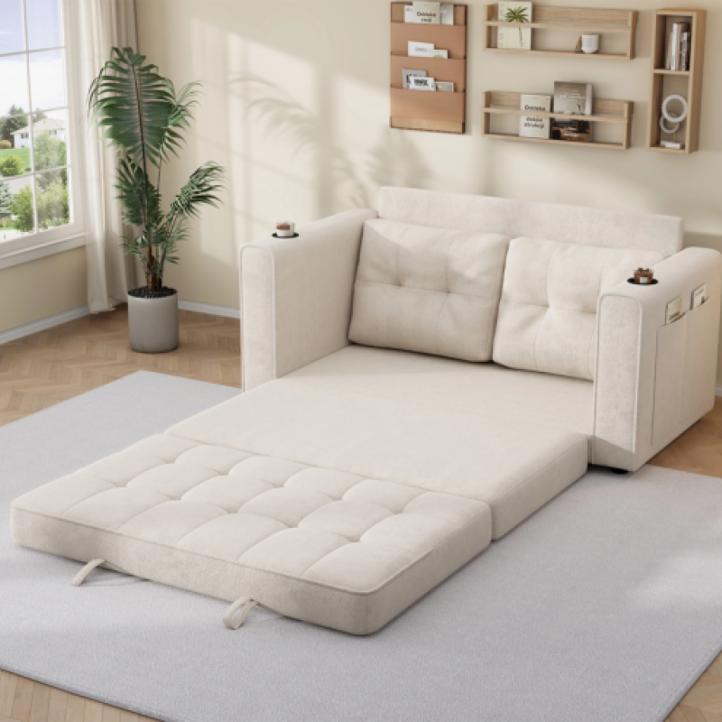 2 Seater Chenille Pull Out Sofa Bed with Cup Holders