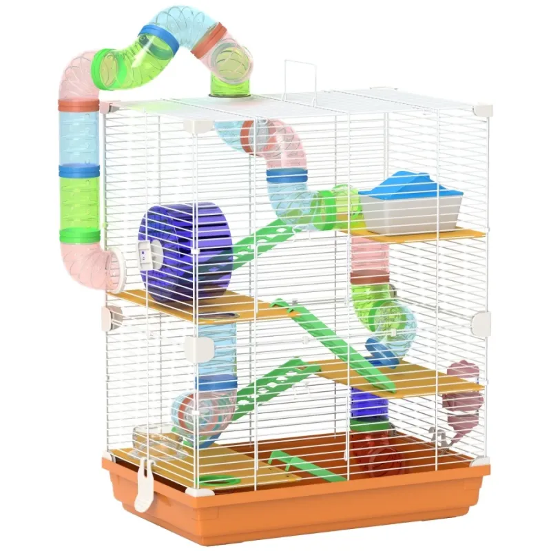 5-Tier Hamster Cage Habitat with Exercise Wheel and Tunnel - Orange