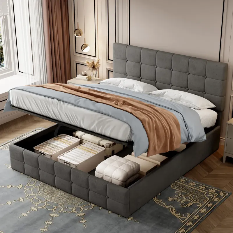 Grey Velvet Double Ottoman Storage Bed with Adjustable Tufted Headboard