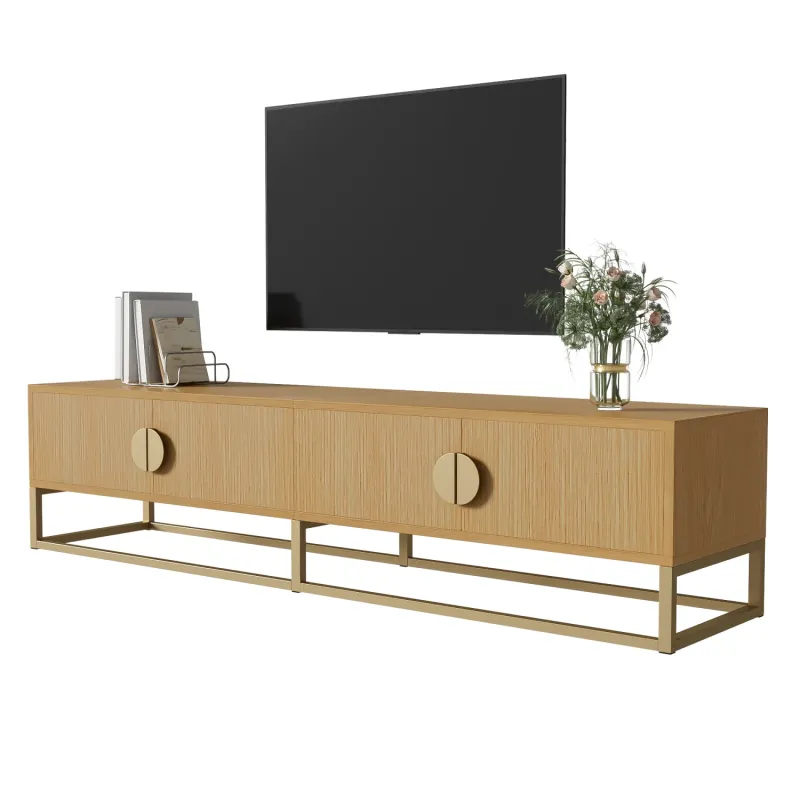180cm TV Cabinet with Wood Grain Finish, 4 Doors and Matte Gold Accents