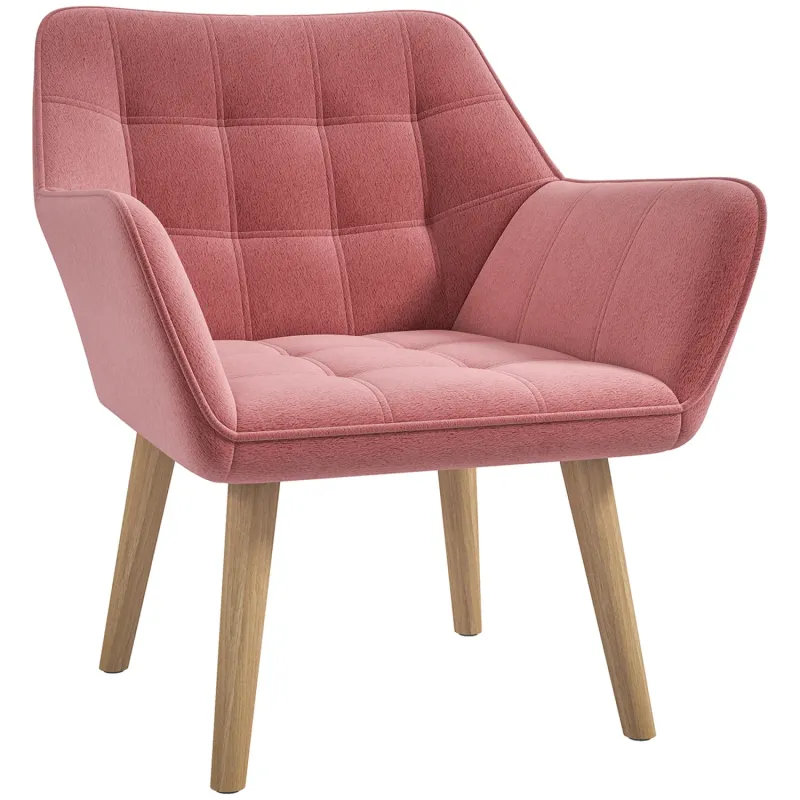 Velvet-Feel Armchair in Pink with Lattice Detail and Wooden Legs