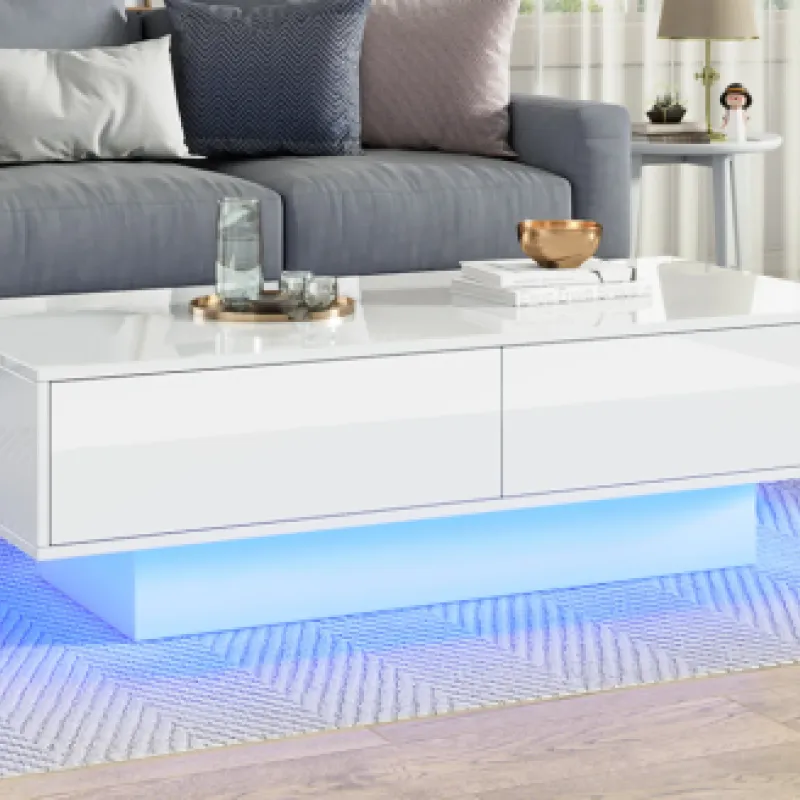 White High Gloss Coffee Table with LED Lights and 2 Storage Drawers
