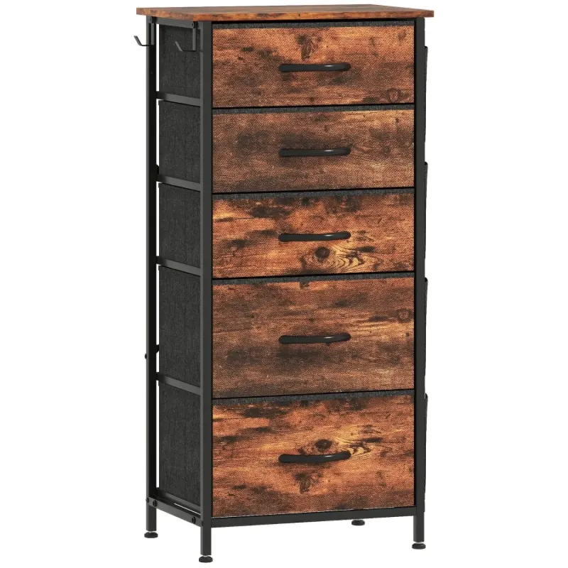 5 Drawer Fabric Chest of Drawers with Side Pockets - Rustic Brown