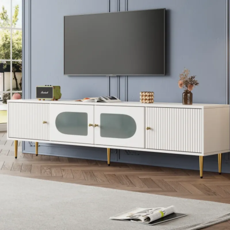 Particleboard TV Unit, 170cm, in White, with Glass Doors and Metal Legs