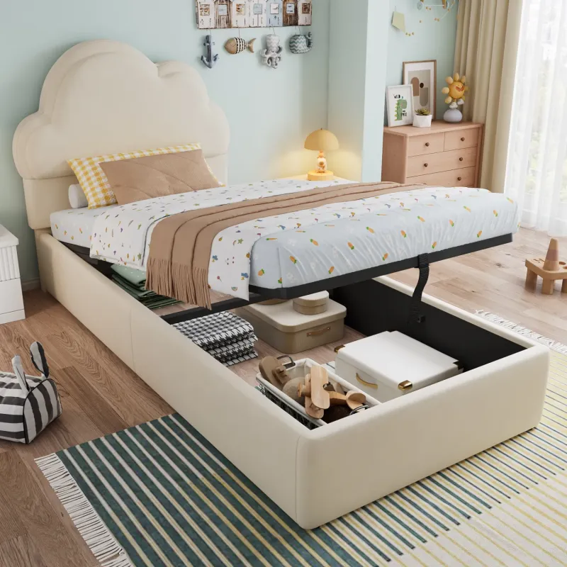 3ft Single Beige Velvet Ottoman Bed with Cloud Headboard and Hydraulic Storage