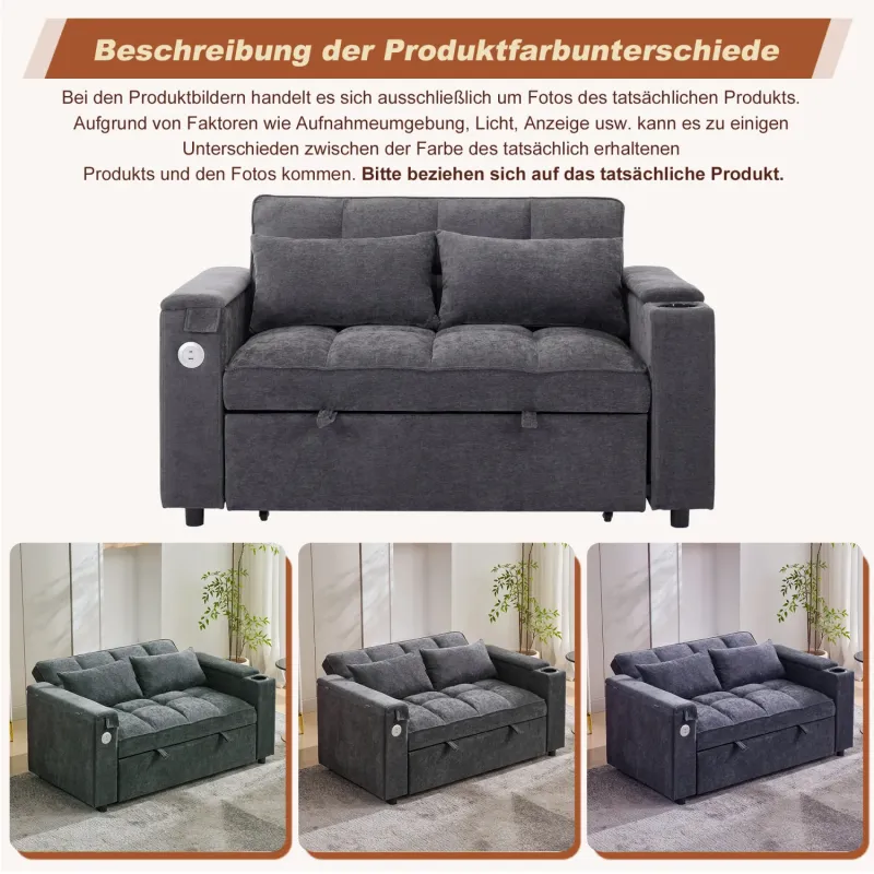 Fabric Sofa Bed, 140.5cm 2 Seater, in Grey, with USB Charging and Hidden Table