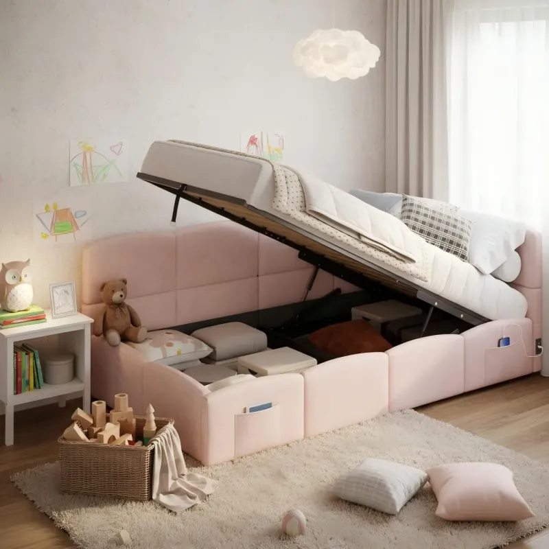 Velvet Sofa Bed, 3ft Single, in Pink, with Hydraulic Storage and USB Charging