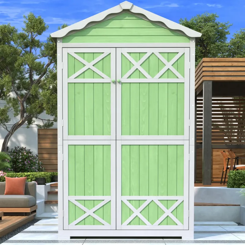 Sage Green Tall Wooden Garden Storage Shed - Fir Wood Tool Cabinet with 4 Shelves