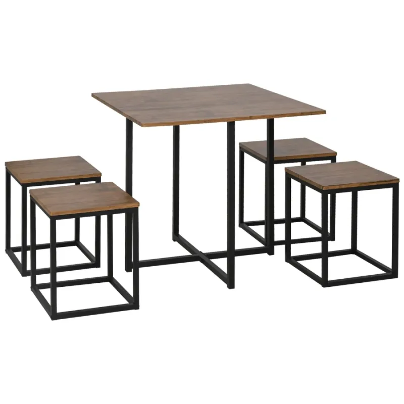 5 Piece Industrial Space Saving Dining Set with Square Table and 4 Stools - Brown