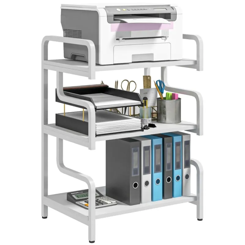 3-Tier Waved Side Printer Stand with Storage Shelves - White